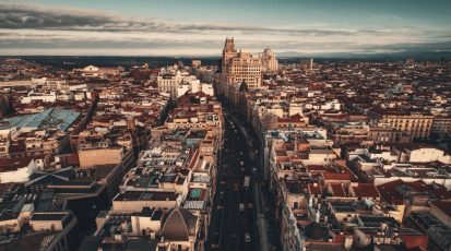Aerial view of Gran Via shopping area in Madrid, Spain.